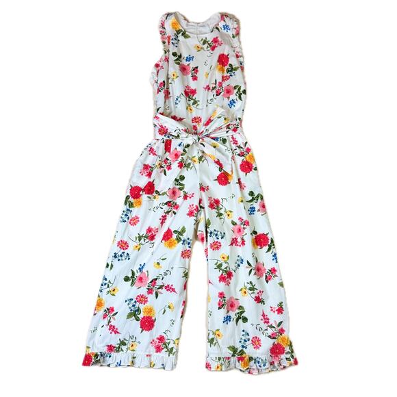 Gal Meets Glam Pants - Gal Meets Glam Beverly Ruffle Floral Cotton Wide Leg Cropped Jumpsuit White 4